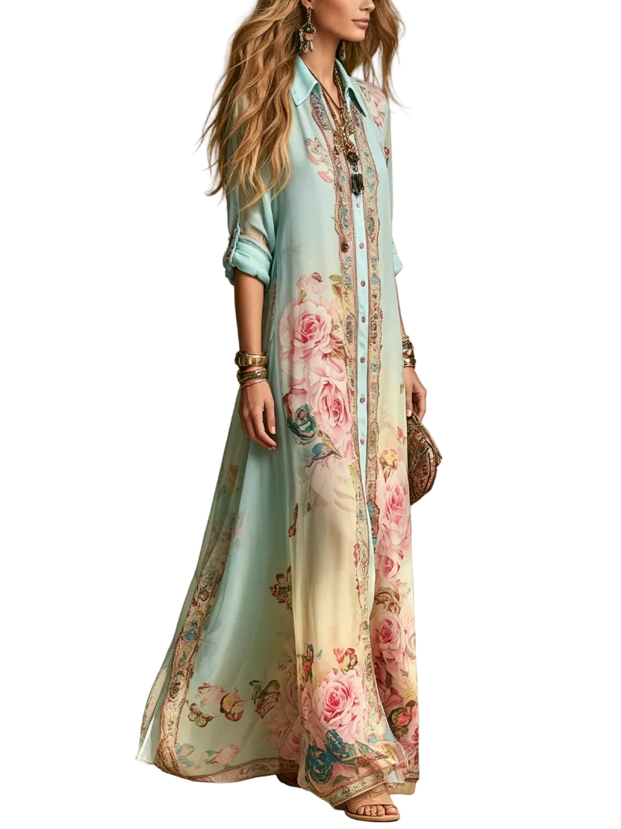 Vestido Mónica — Maxi de Gasa con Estampado Barroco