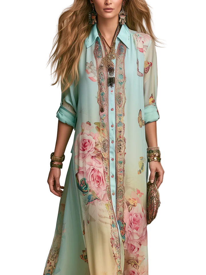 Vestido Mónica — Maxi de Gasa con Estampado Barroco