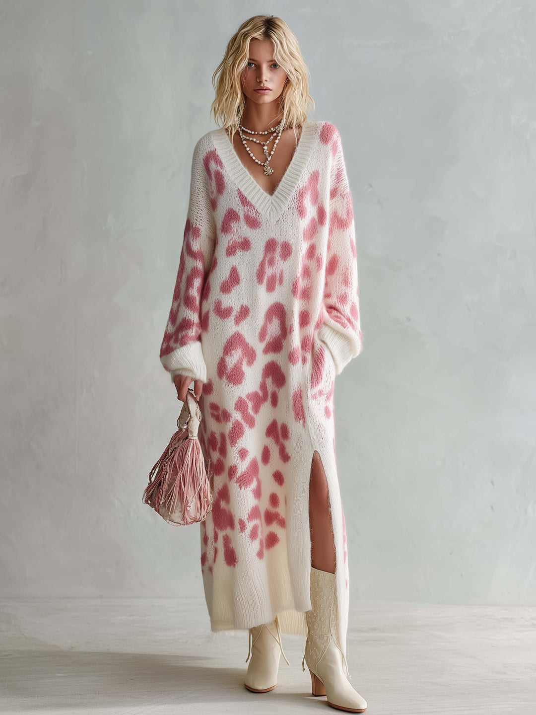 Vestido Elena — Largo de Punto Boho con Leopardo Rosa