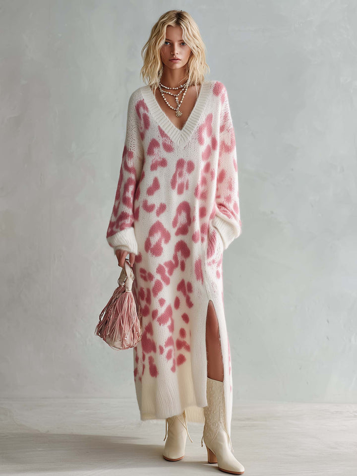 Vestido Elena — Largo de Punto Boho con Leopardo Rosa