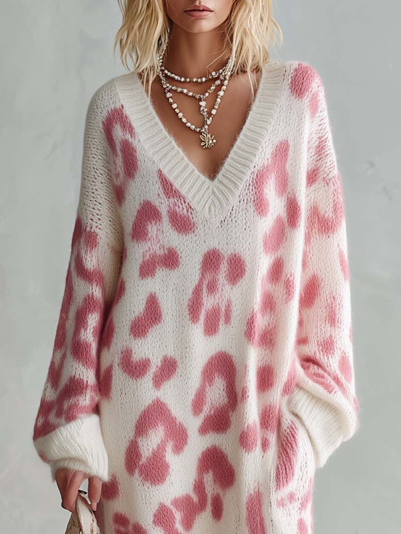 Vestido Elena — Largo de Punto Boho con Leopardo Rosa