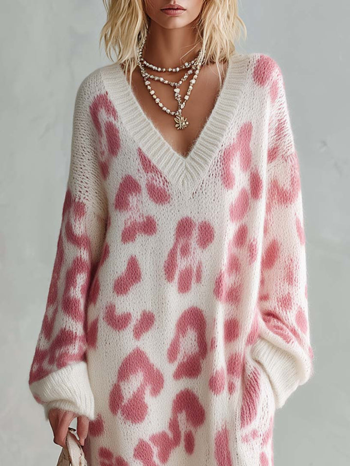 Vestido Elena — Largo de Punto Boho con Leopardo Rosa