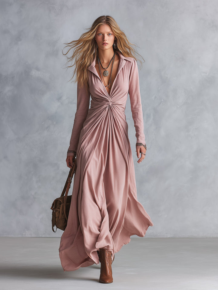 Vestido Vera — Largo de Algodón Rosa Empolvado con Lazada