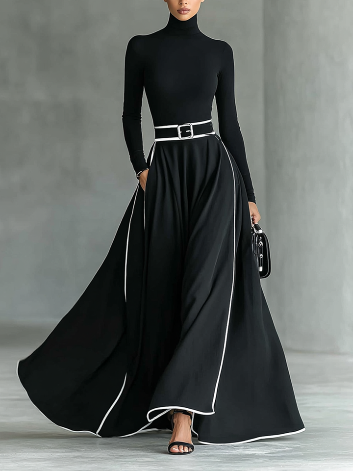 Gina – Vestido Maxi Mujer Negro con Costuras Blancas y Cuello Alto, Mangas Largas, Cintura Ajustada