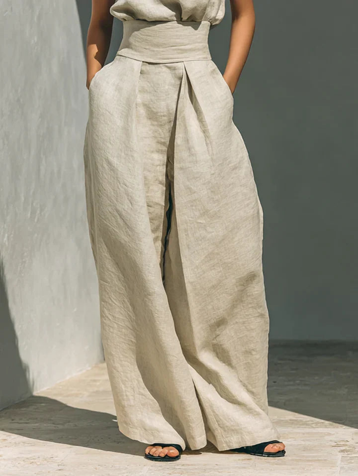 Flor™ | Conjunto minimalista de blusa sin mangas y pantalón de pernera ancha en algodón y lino para mujer