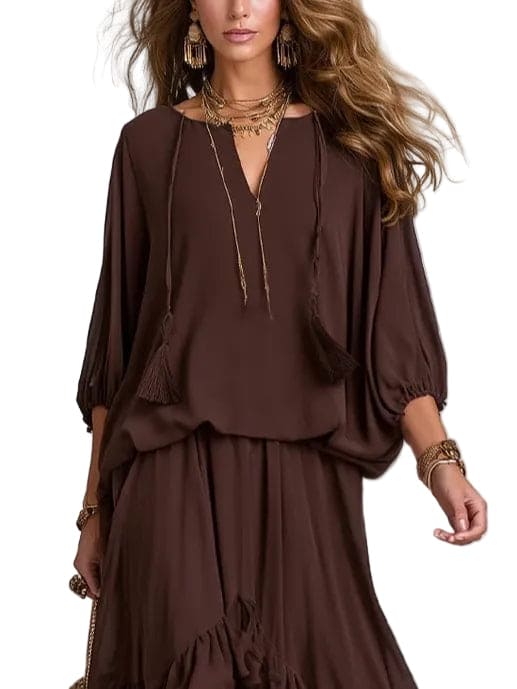 Conjunto Manuela — Top de Gasa con Flecos y Falda de Volantes