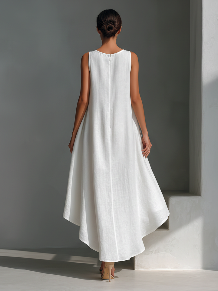 Elena | Vestido midi de lino blanco con corte asimétrico