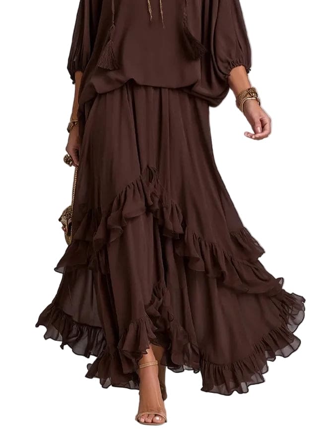 Conjunto Manuela — Top de Gasa con Flecos y Falda de Volantes