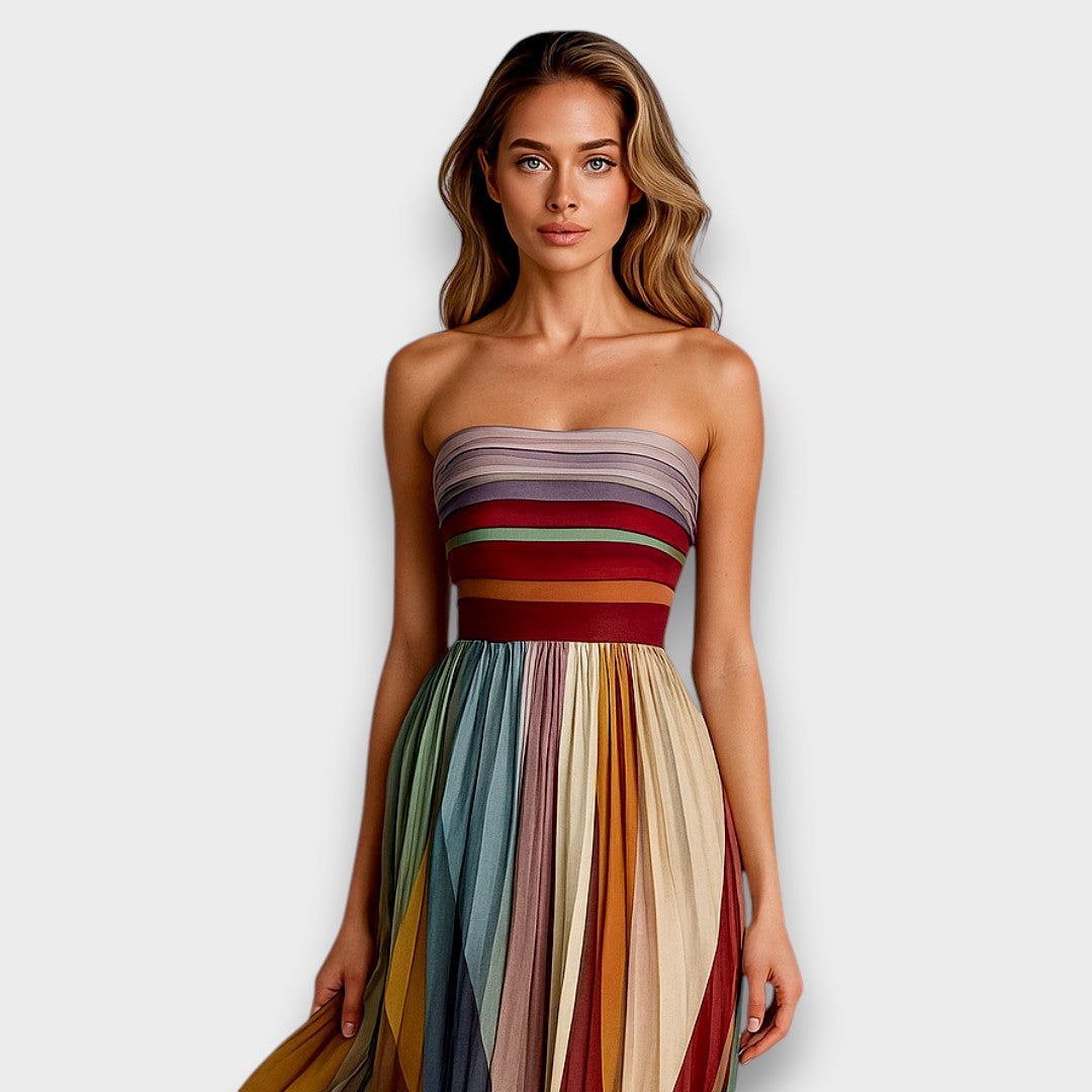 Melissa - Vestido maxi multicolor con rayas plisadas