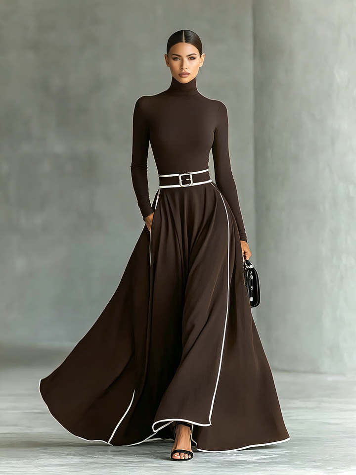 Gina – Vestido Maxi Mujer Negro con Costuras Blancas y Cuello Alto, Mangas Largas, Cintura Ajustada