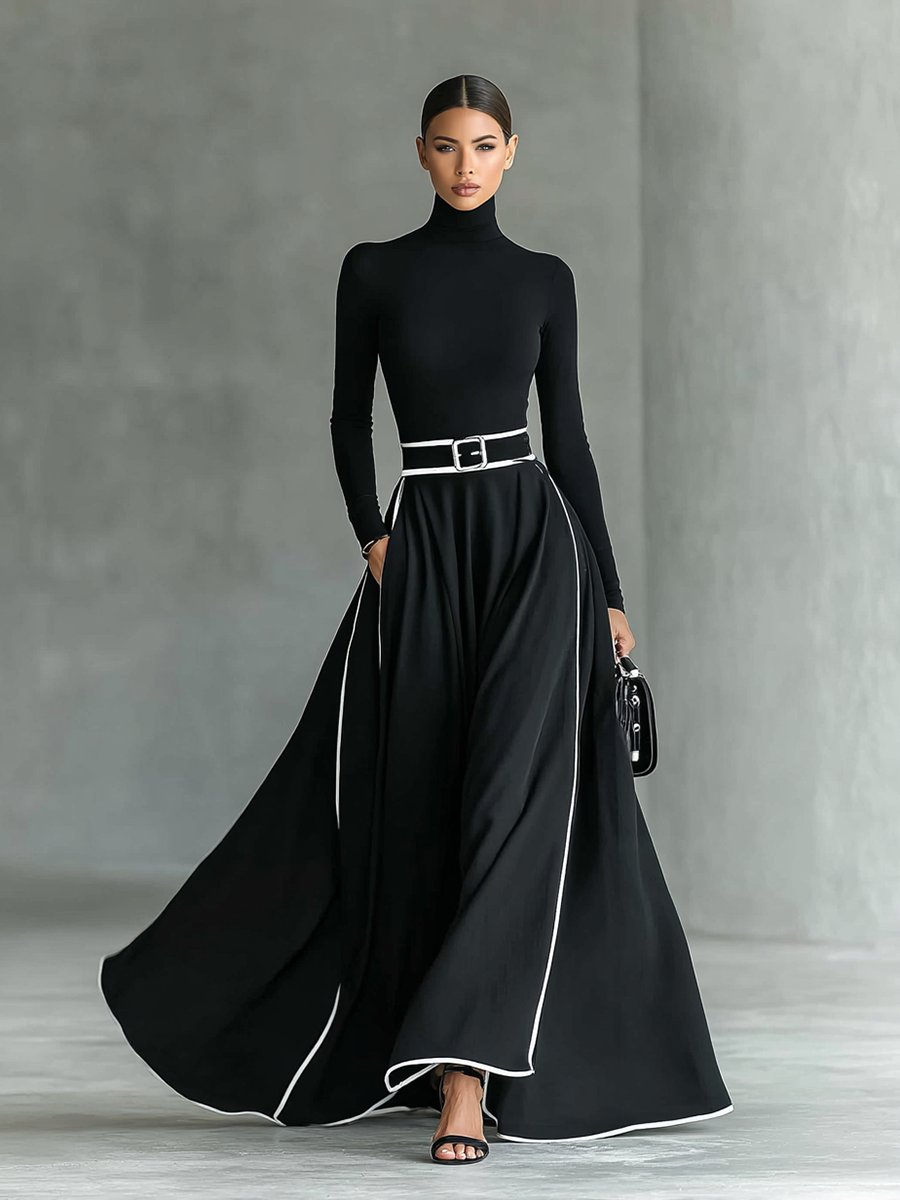 Gina – Vestido Maxi Mujer Negro con Costuras Blancas y Cuello Alto, Mangas Largas, Cintura Ajustada