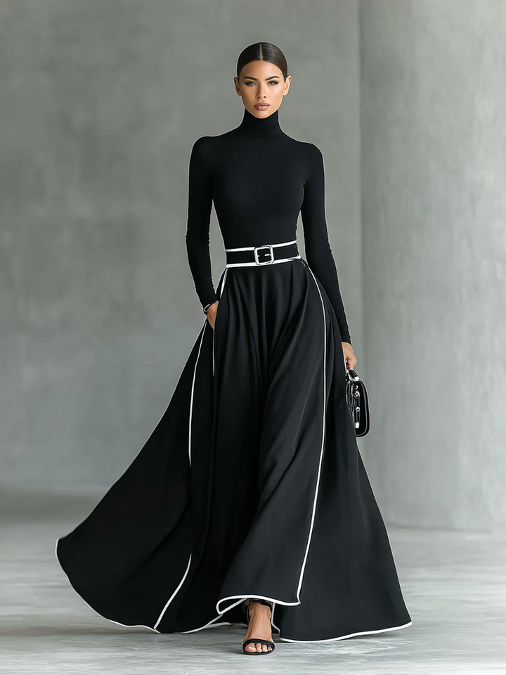 Gina – Vestido Maxi Mujer Negro con Costuras Blancas y Cuello Alto, Mangas Largas, Cintura Ajustada