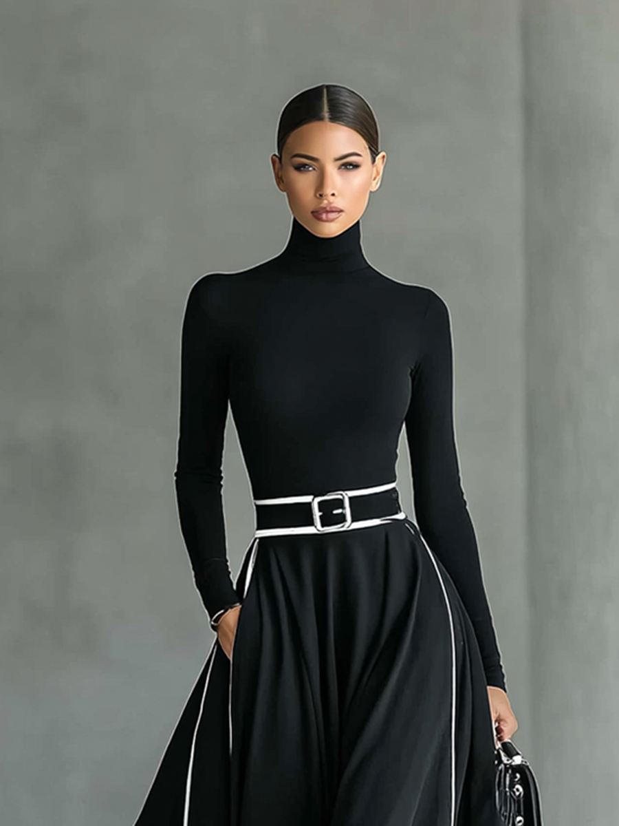 Gina – Vestido Maxi Mujer Negro con Costuras Blancas y Cuello Alto, Mangas Largas, Cintura Ajustada