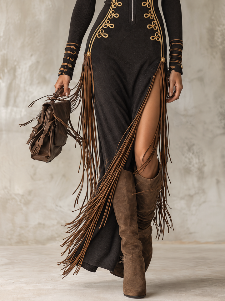Vestido Soledad — Largo Negro con Bordado Dorado
