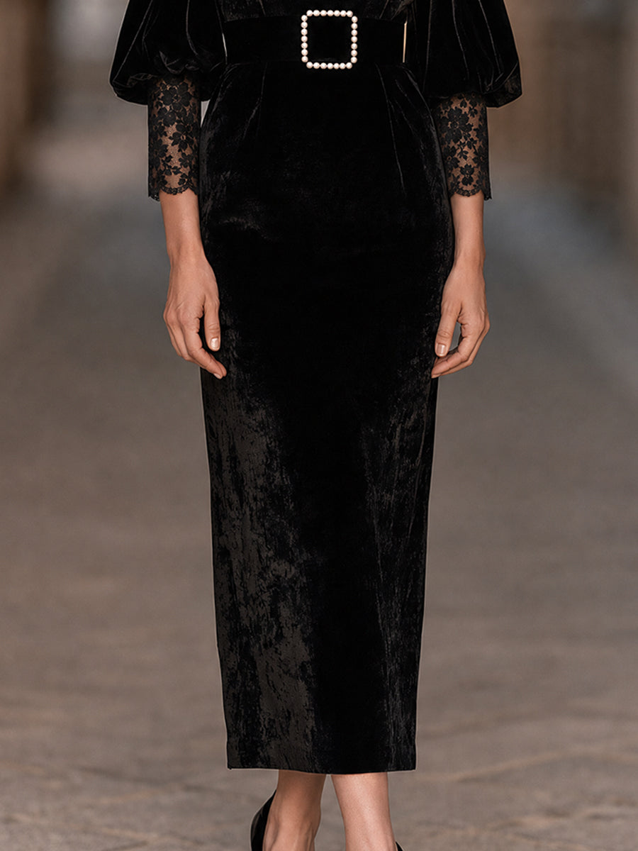 Vestido Dolores — Midi de Terciopelo Negro con Encaje