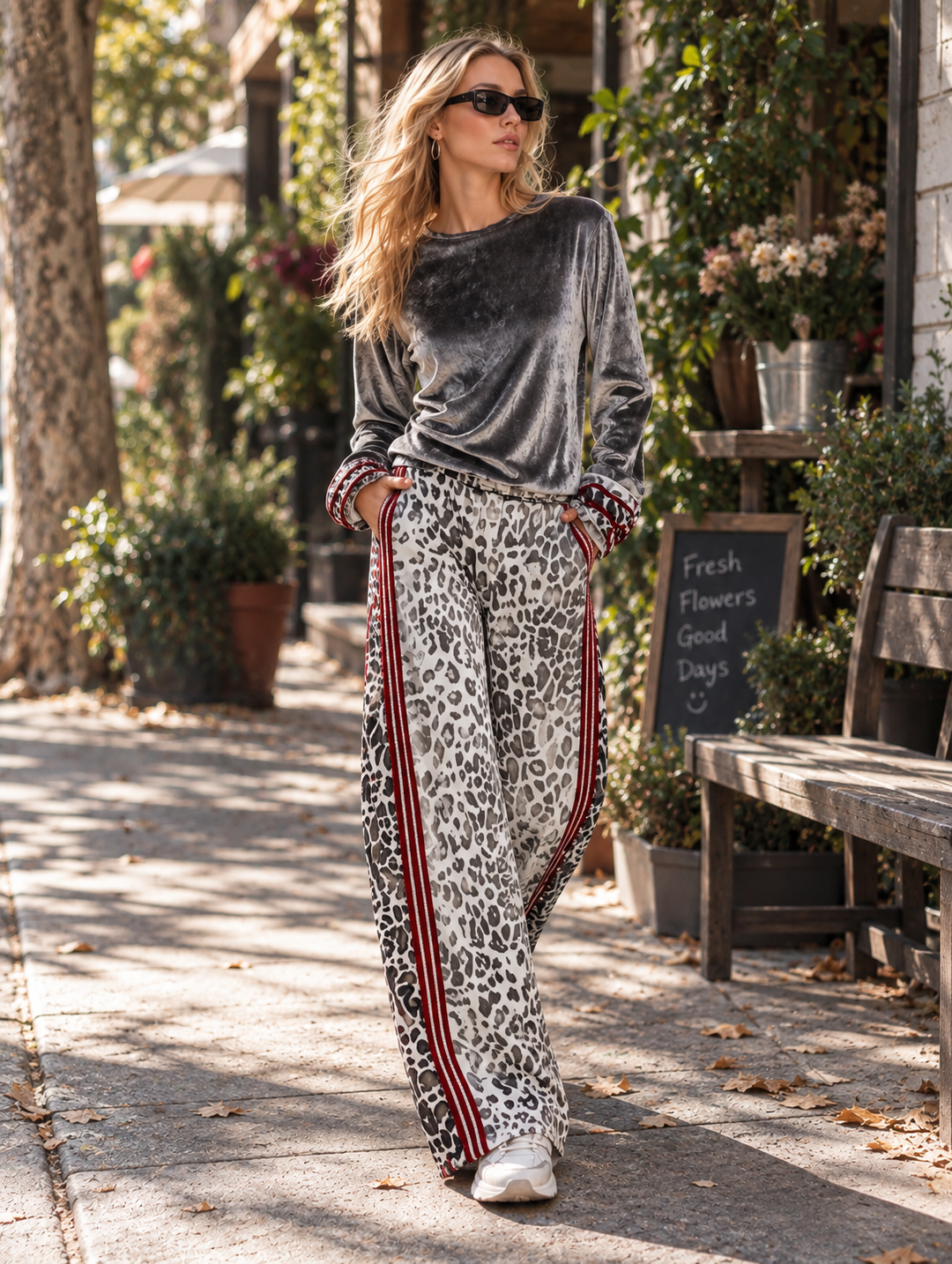 Conjunto Lucía — Terciopelo con Ribete a Rayas y Pantalón Ancho