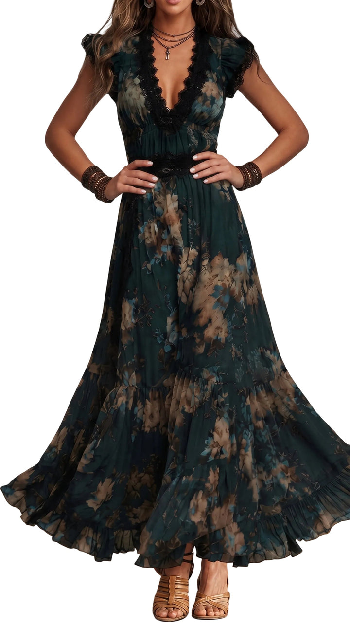 Vestido Rosa — Largo de Gasa Vintage con Encaje Floral