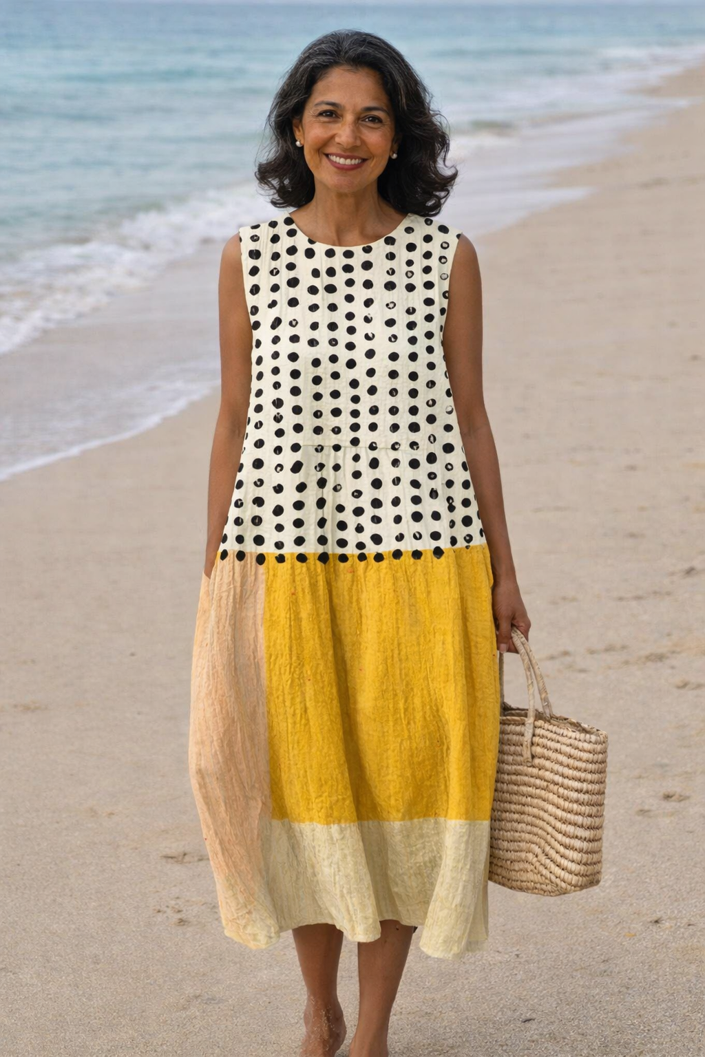 Lía | Vestido midi de bloques de color con lunares