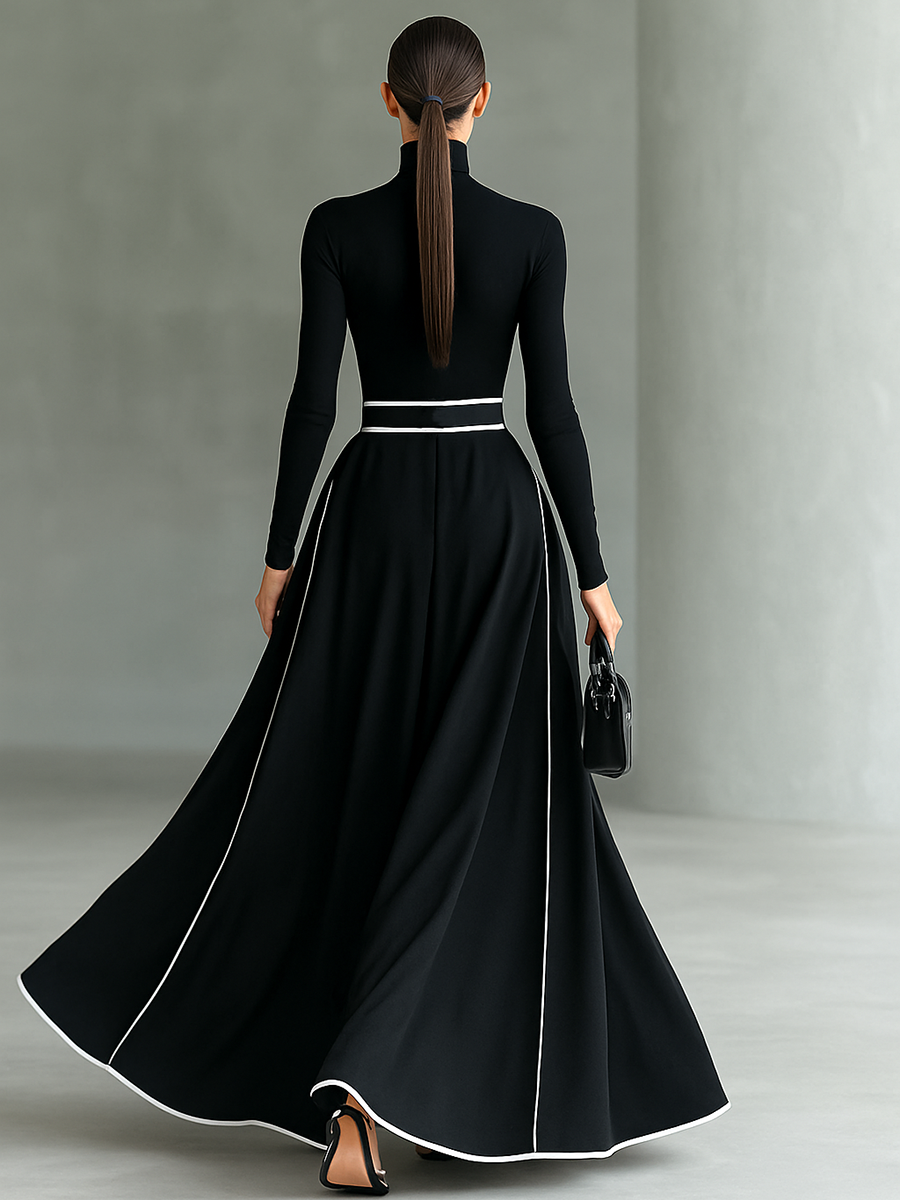 Gina – Vestido Maxi Mujer Negro con Costuras Blancas y Cuello Alto, Mangas Largas, Cintura Ajustada