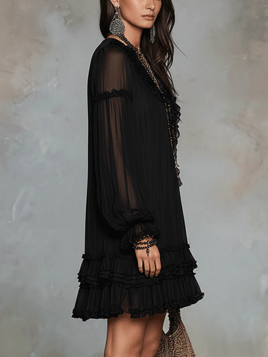 Patricia | Vestido corto negro fluido con escote en V y mangas amplias
