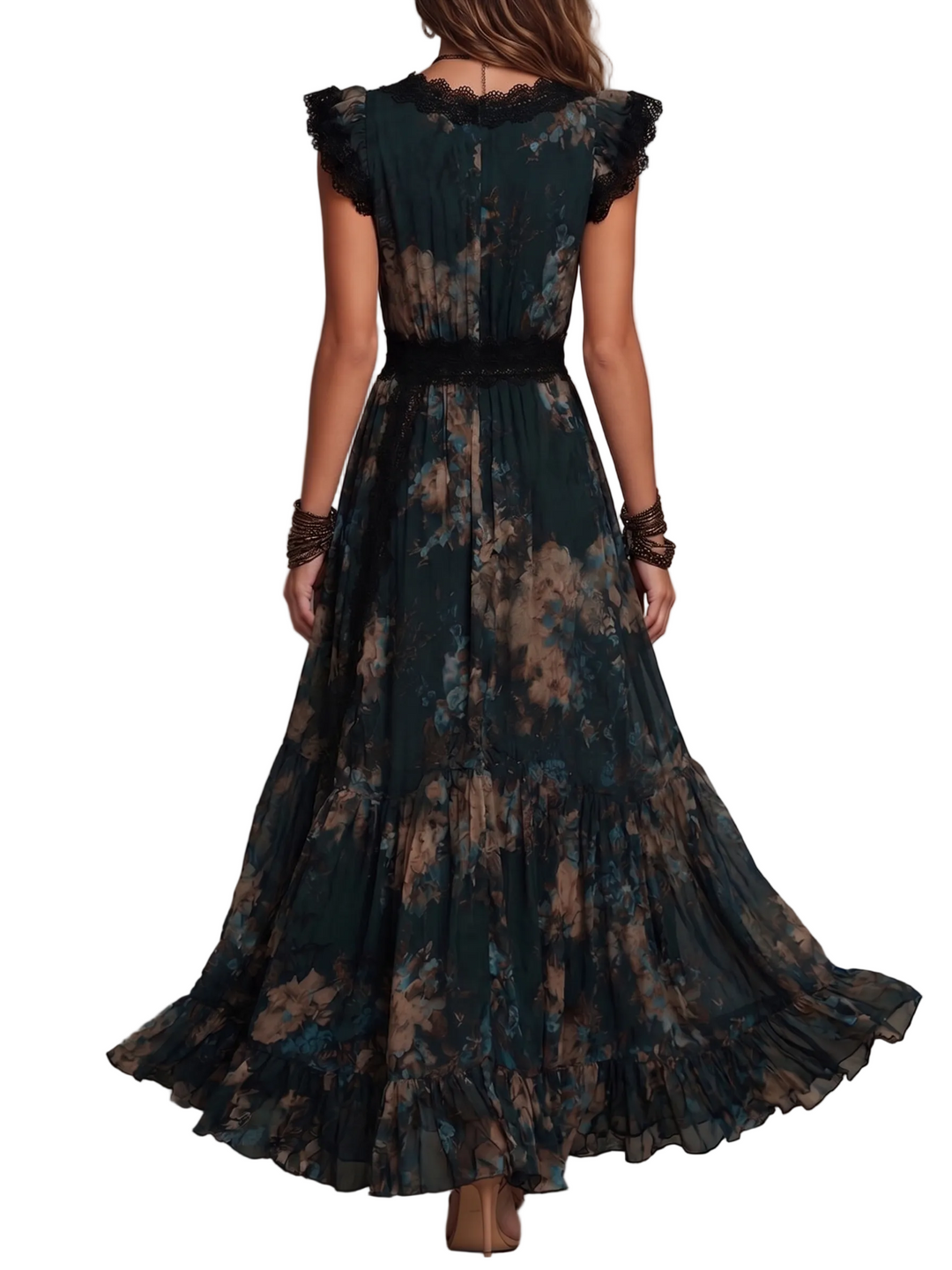 Vestido Rosa — Largo de Gasa Vintage con Encaje Floral