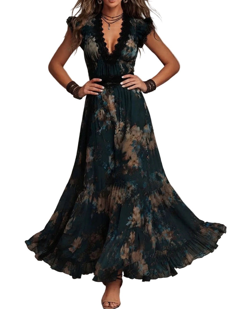 Vestido Rosa — Largo de Gasa Vintage con Encaje Floral