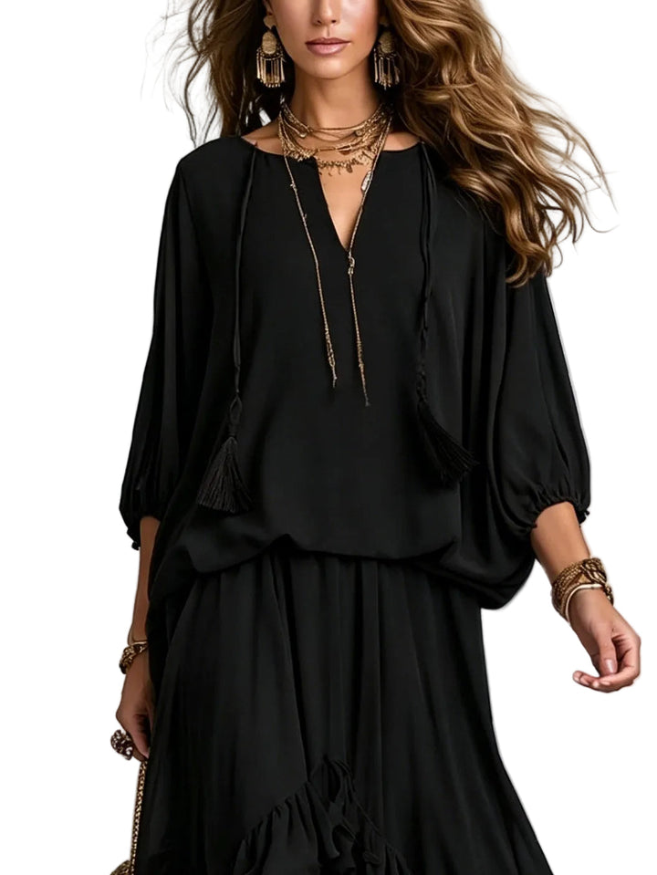 Conjunto Elvira — Top de Gasa con Flecos y Falda de Volantes Negro