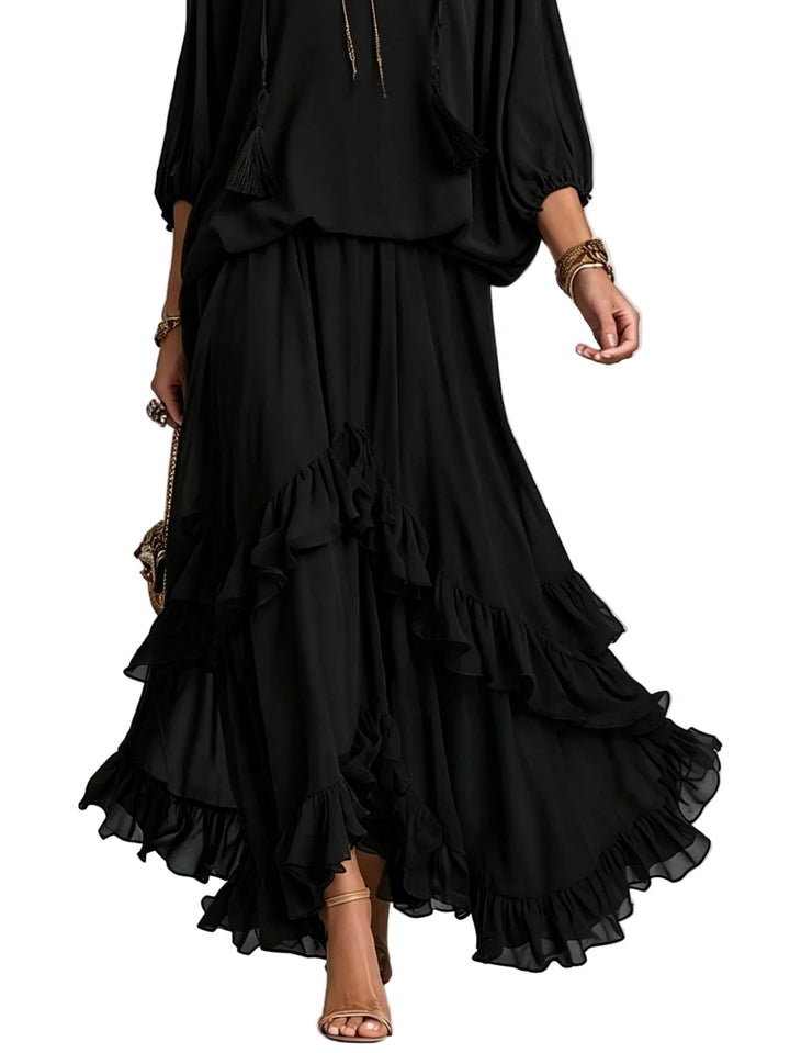 Conjunto Elvira — Top de Gasa con Flecos y Falda de Volantes Negro