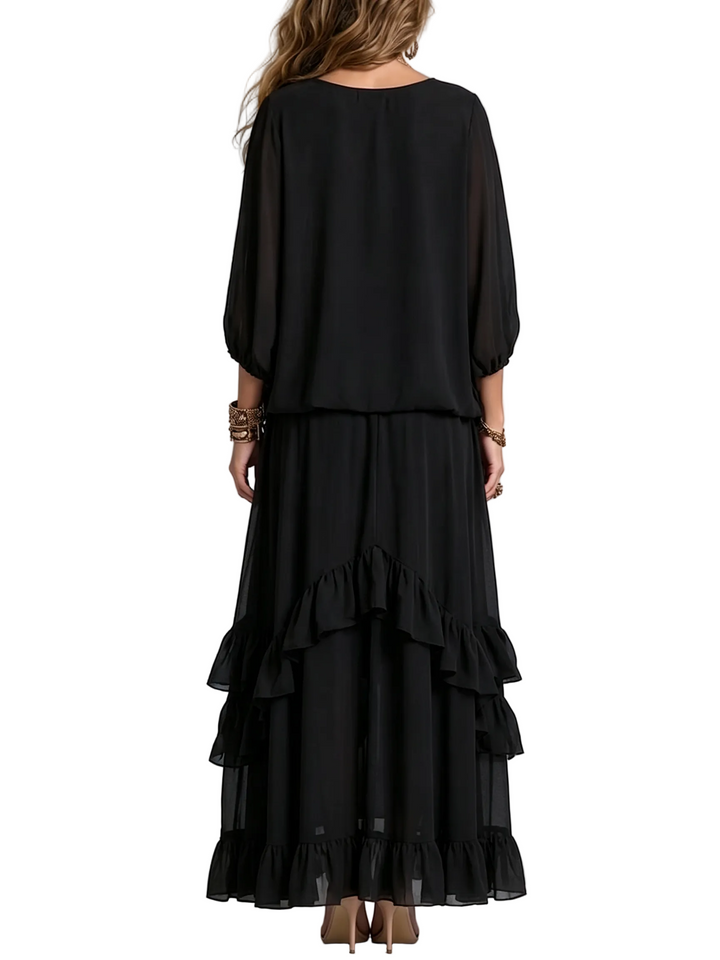 Conjunto Elvira — Top de Gasa con Flecos y Falda de Volantes Negro
