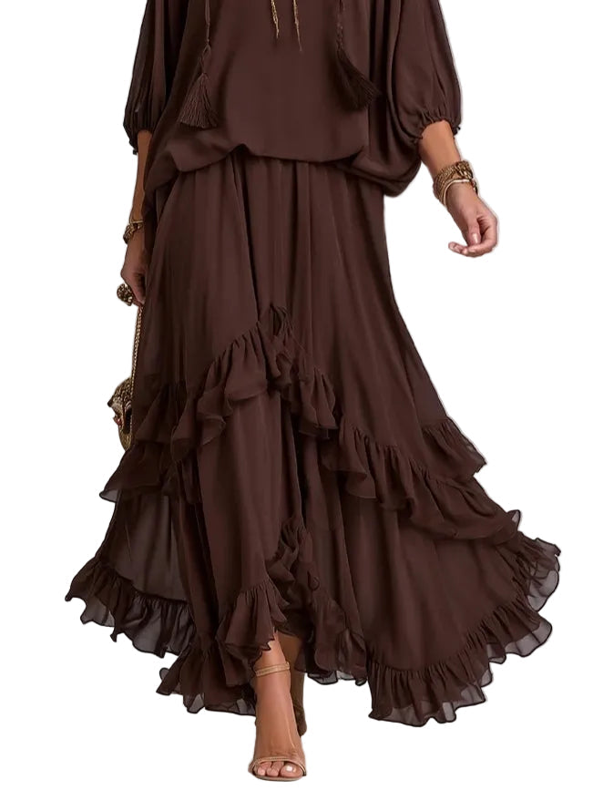 Conjunto Manuela — Top de Gasa con Flecos y Falda de Volantes