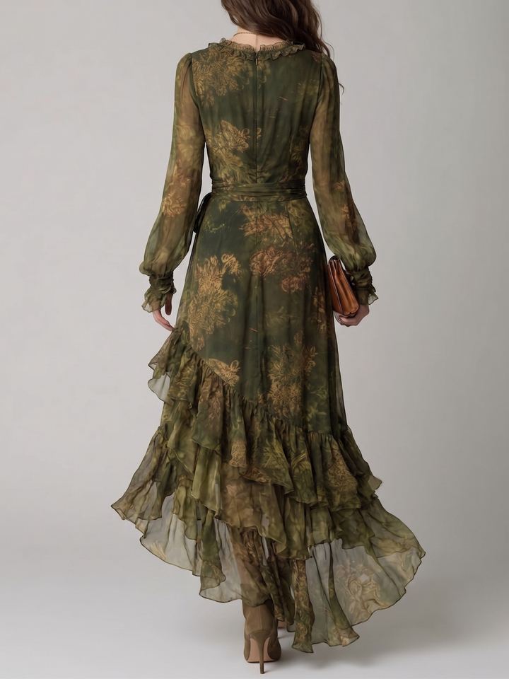 Vestido Alejandra — Largo de Gasa con Volantes Florales