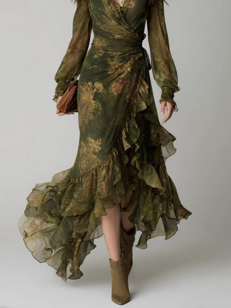 Vestido Alejandra — Largo de Gasa con Volantes Florales