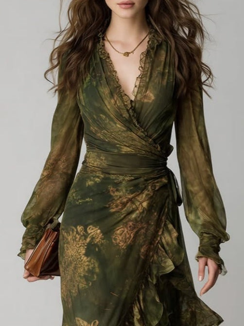 Vestido Alejandra — Largo de Gasa con Volantes Florales