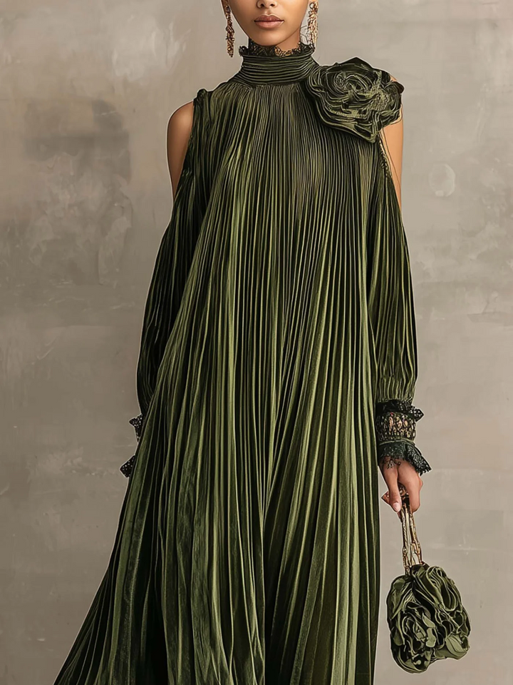 Vestido Rosalía — Largo Plisado con Flor en el Hombro