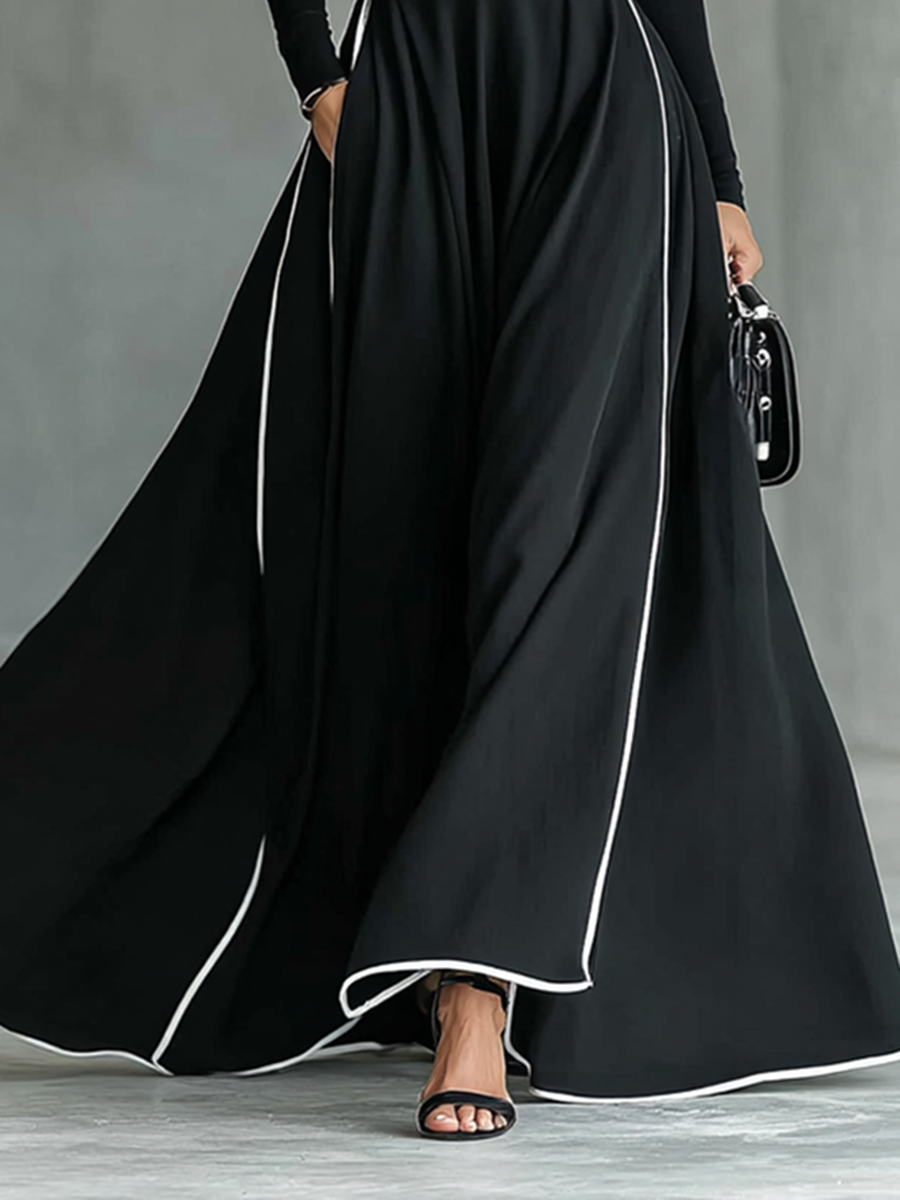 Gina – Vestido Maxi Mujer Negro con Costuras Blancas y Cuello Alto, Mangas Largas, Cintura Ajustada