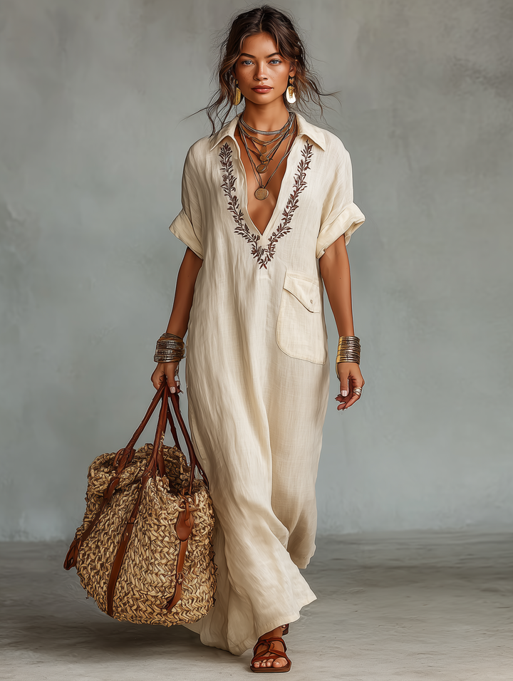 Vestido Selena — Maxi Camisero de Lino Bordado