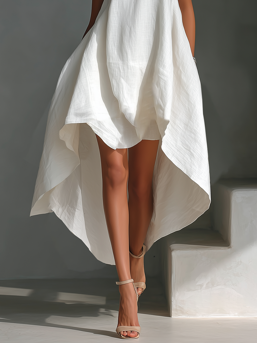 Elena | Vestido midi de lino blanco con corte asimétrico