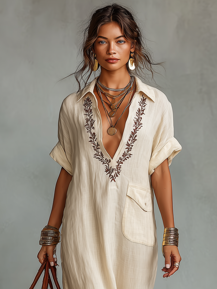 Vestido Selena — Maxi Camisero de Lino Bordado