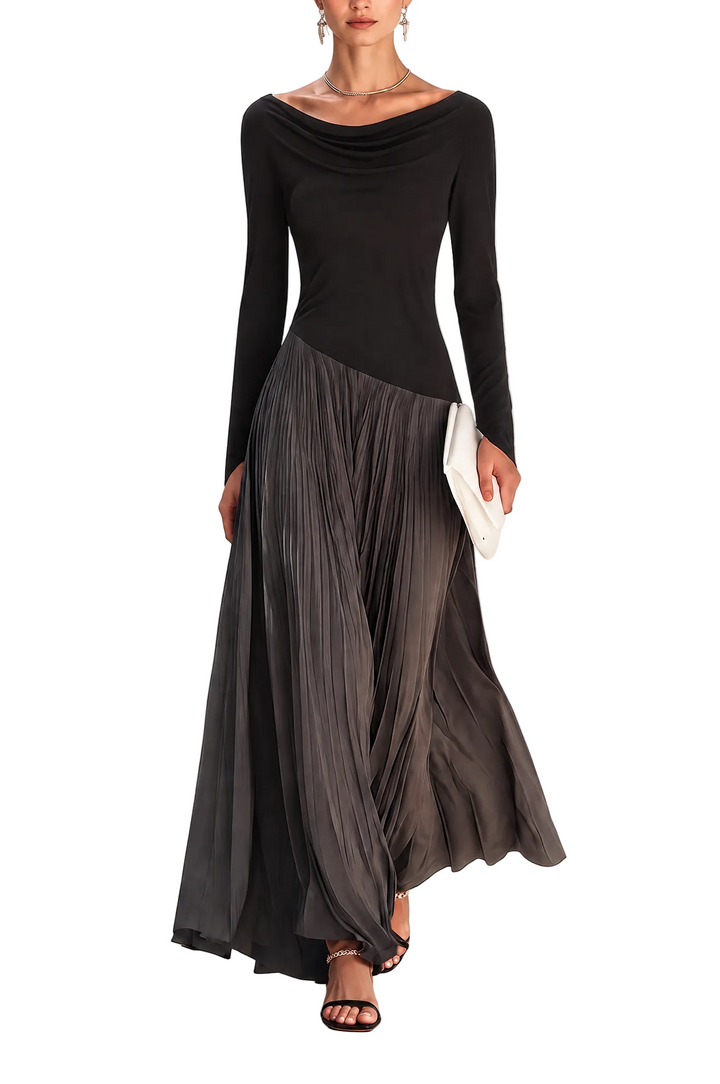 Vestido Marina — Maxi Plisado con Cuello Drapeado