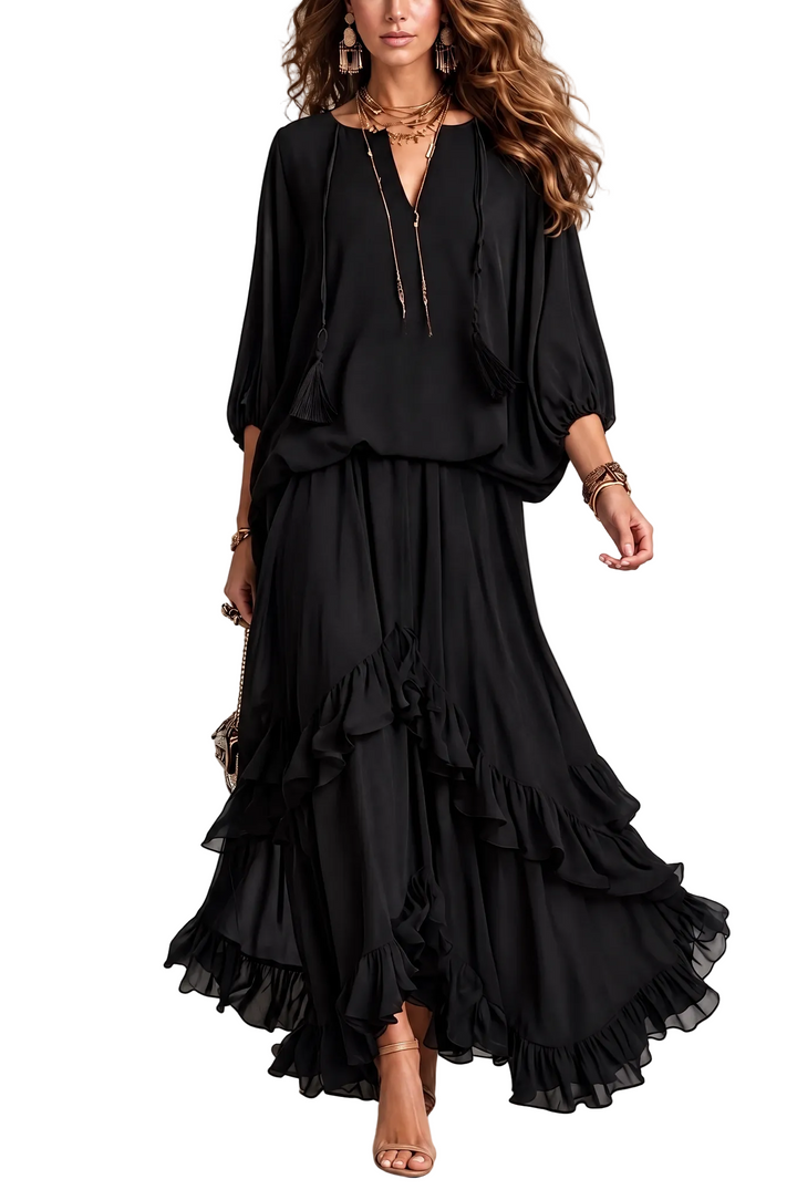 Conjunto Elvira — Top de Gasa con Flecos y Falda de Volantes Negro