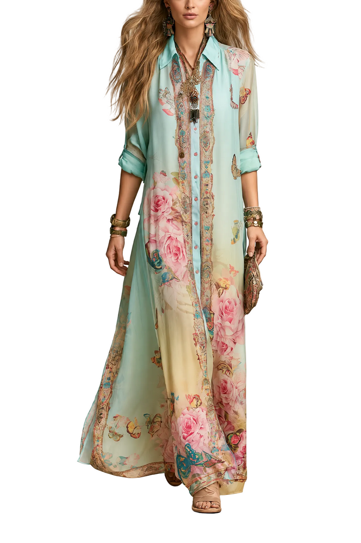 Vestido Mónica — Maxi de Gasa con Estampado Barroco