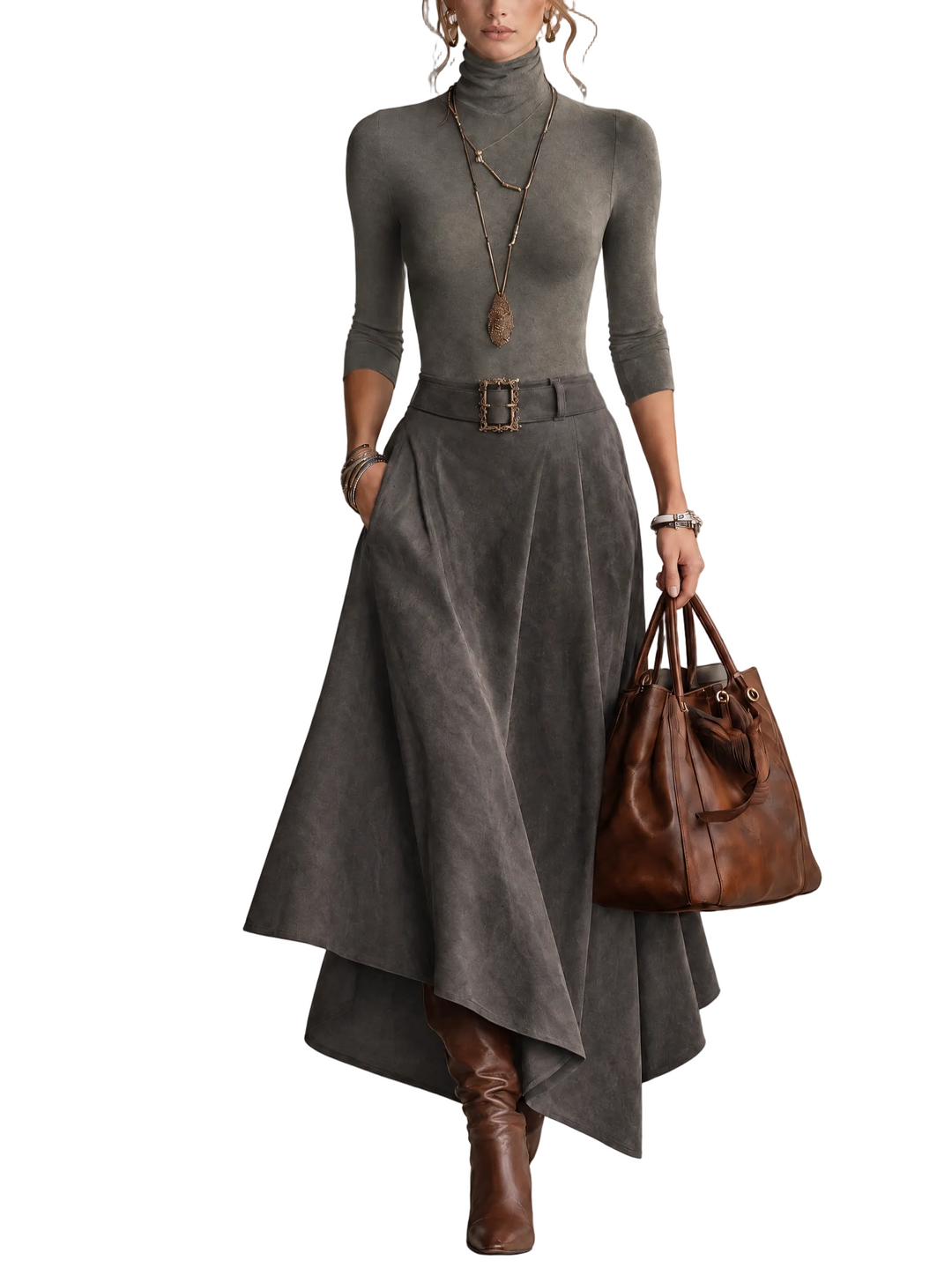 Conjunto Carmen — Top de Cuello Alto y Falda Midi de Ante