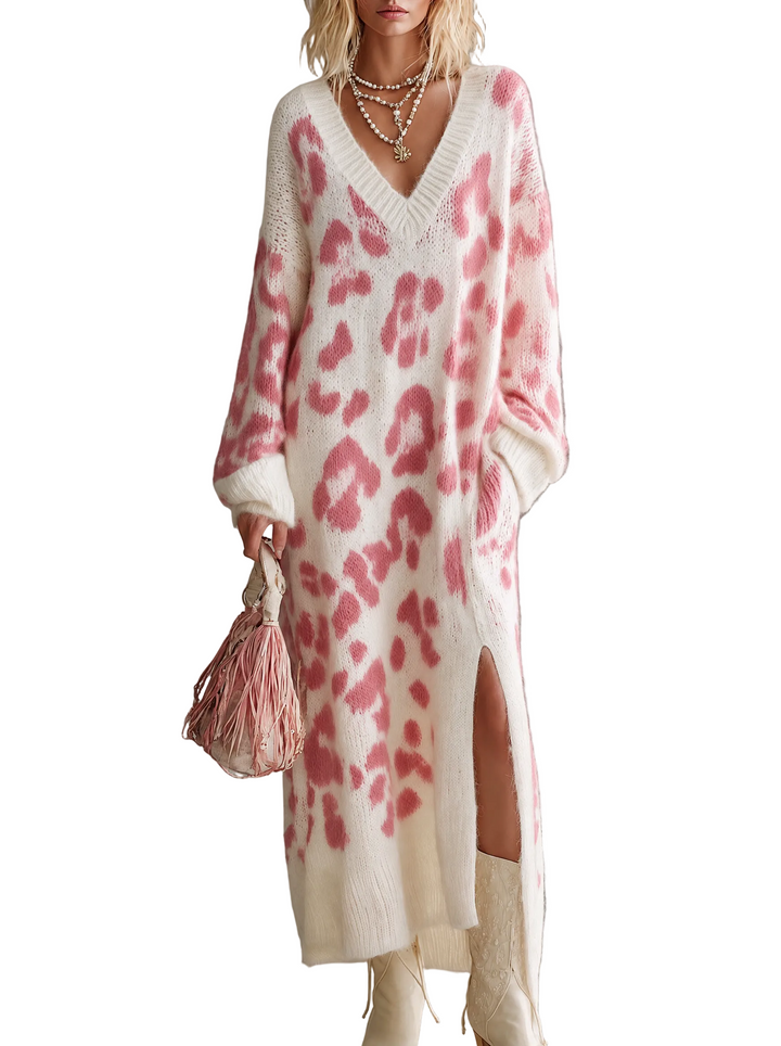 Vestido Elena — Largo de Punto Boho con Leopardo Rosa