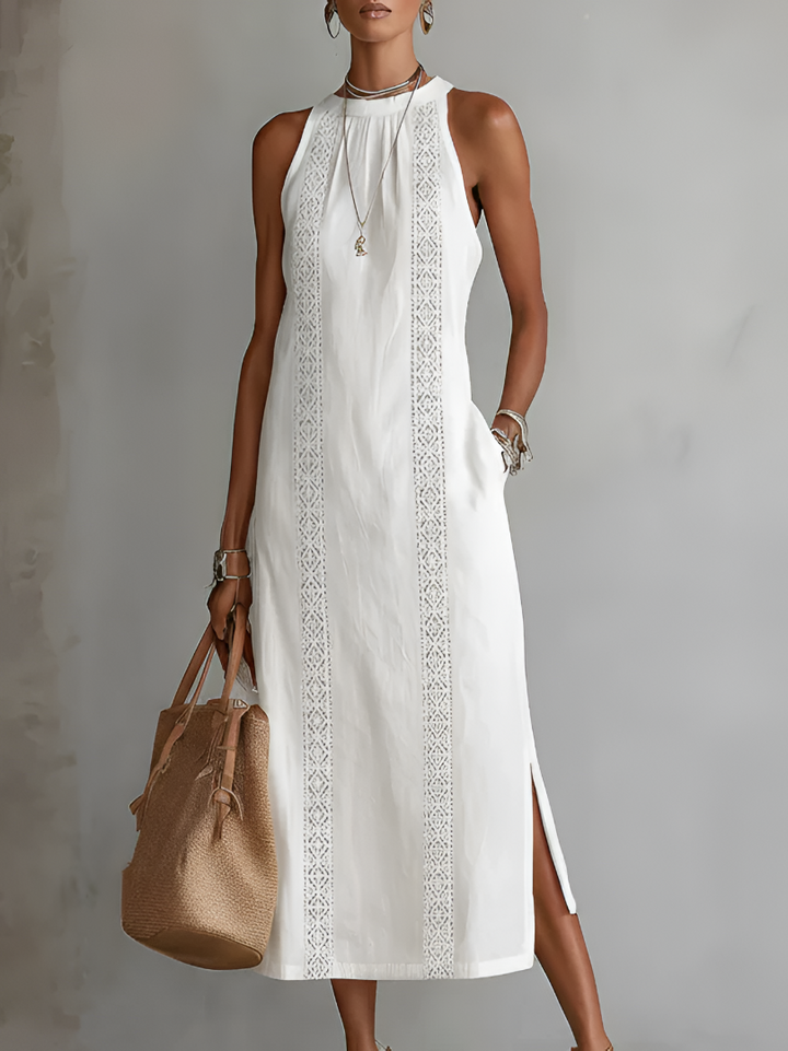 Jimena | Vestido blanco midi de lino con cuello mao