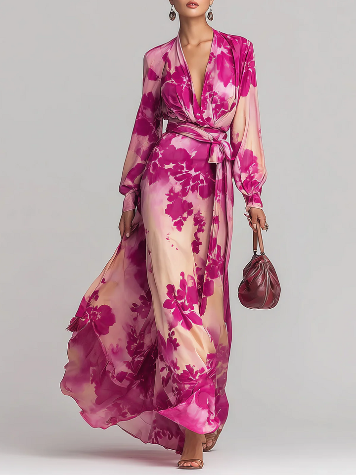 Ariadna | Vestido largo floral rojo con escote en V y cintura definida