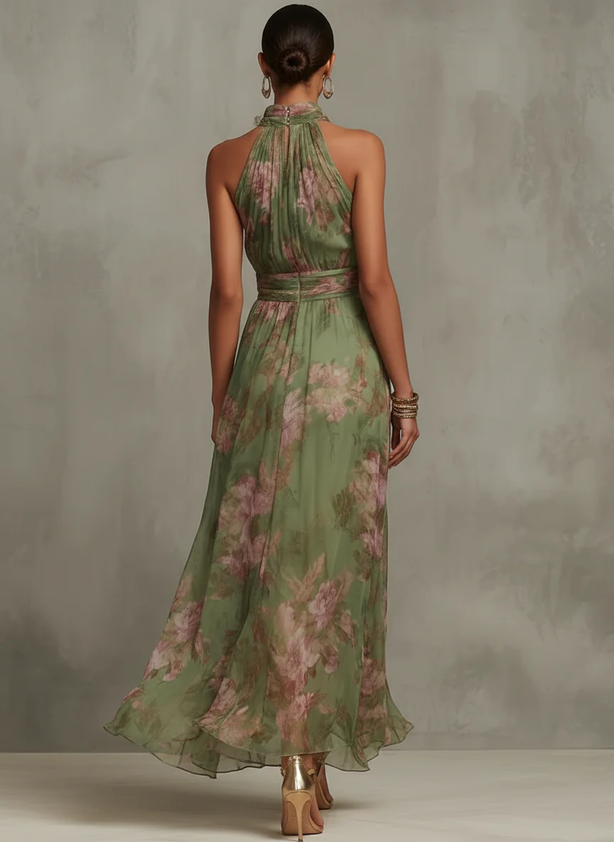 Marta | Vestido largo floral en chiffon con escote halter