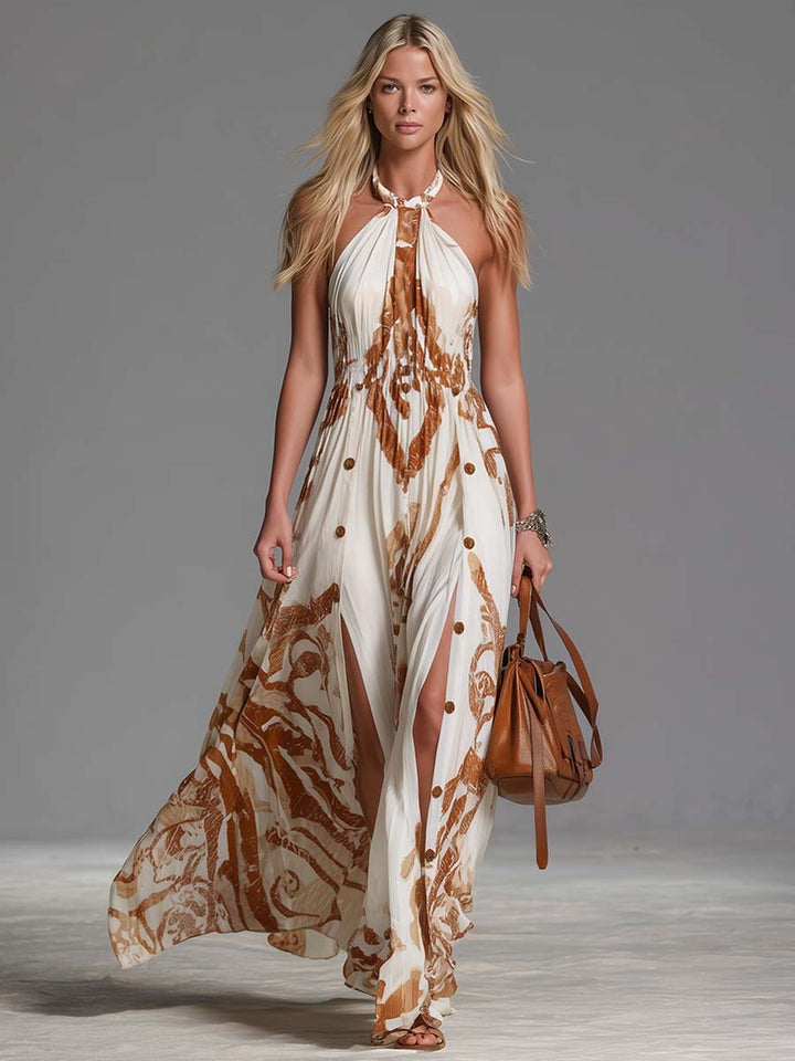 Bea | Vestido largo bohemio vintage con escote halter y abertura