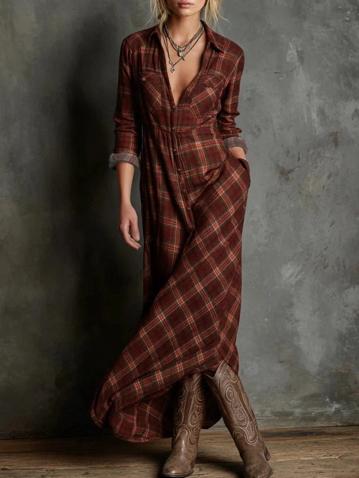Paula | Vestido largo camisero con estampado de cuadros verdes