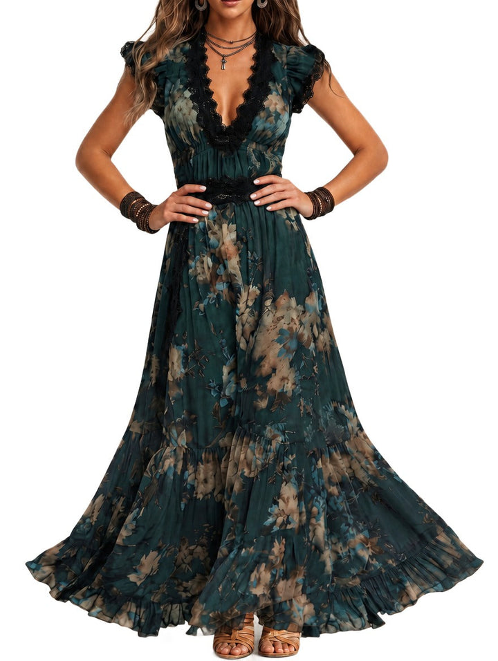 Vestido Rosa — Largo de Gasa Vintage con Encaje Floral