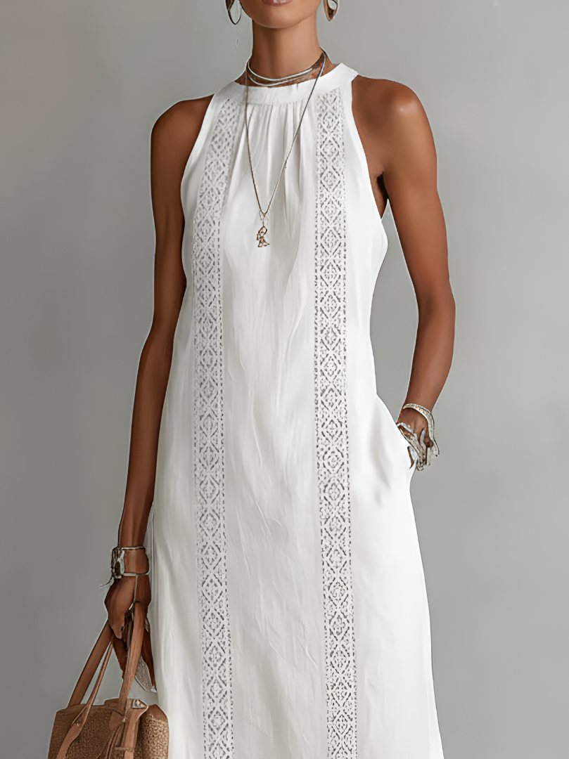 Jimena | Vestido blanco midi de lino con cuello mao